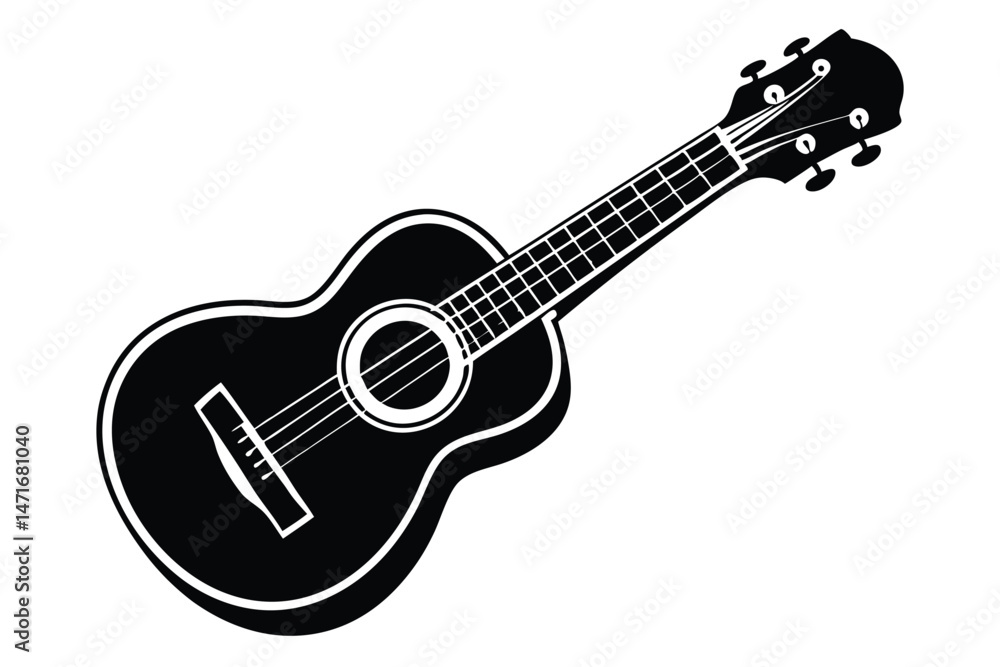 A monochrome ukulele displays strings and tuners against a clean white backdrop, making it elegant