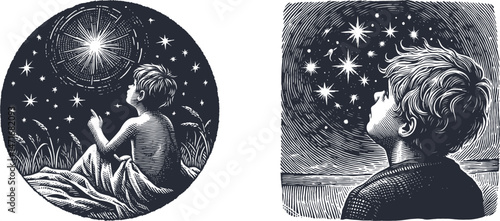 Engraving Design set Child Gazing at Stars  A Beautiful Woodcut Artwork Capturing the Wonder of the Night Sky , black-and-white, tattoo