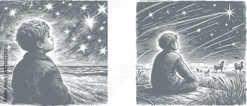 Engraving Design: Child Gazing at Stars in a Dreamy Night Sky - Woodcut Art of Wonder and Imagination for wall print project 
