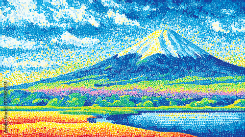 点描画で描かれた富士山と自然のベクターイラスト