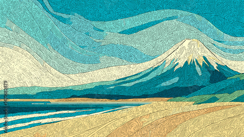 線画スタイルの富士山と海岸風景のベクターイラスト