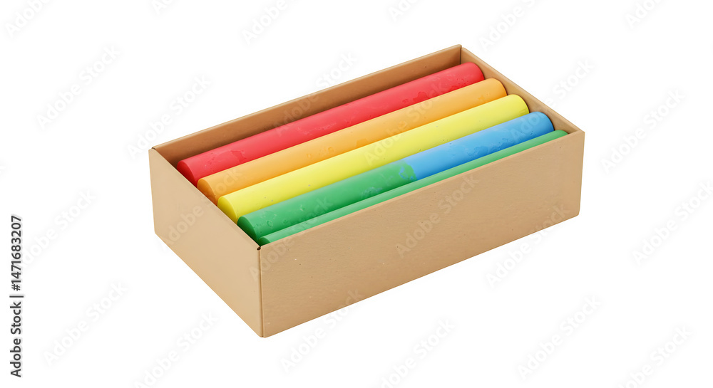 Box of colorful chalk sticks arranged in a row showing red orange yellow green and blue isolated on white background, tarensparent background, png, jpg,jpeg, on transparent background Box of colorful chalk sticks arranged in a row showing red orange yellow green and blue isolated on white background, tarensparent background, png, jpg,jpeg, on transparent background