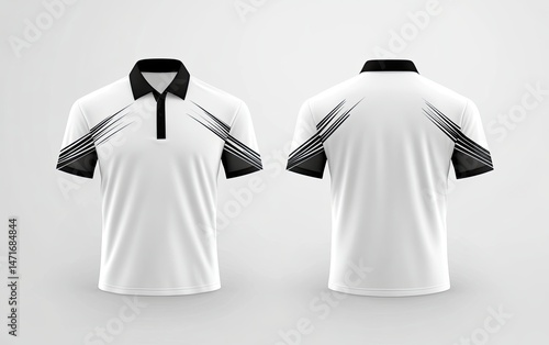 White polo shirt with black angular design, shown front and back