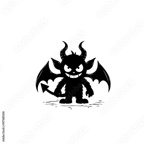 Whimsical horned creature with menacing grin evokes playful eerie aesthetic