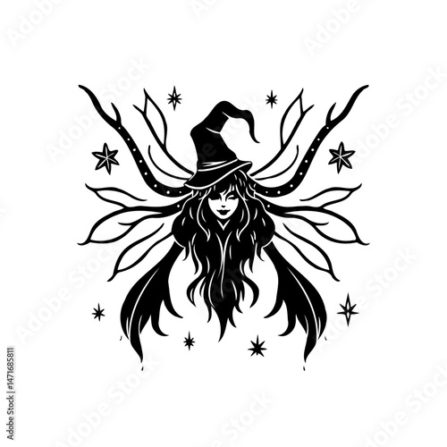 Enigmatic enchantress, stylized vector art revealing halloween's mystery and magic