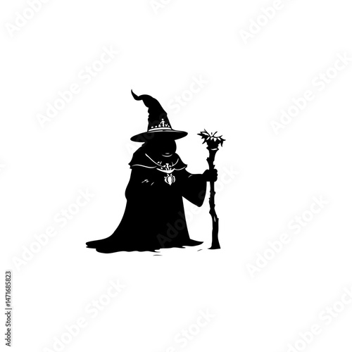 Silhouette of a mysterious mage casting a spell with his staff and cloak