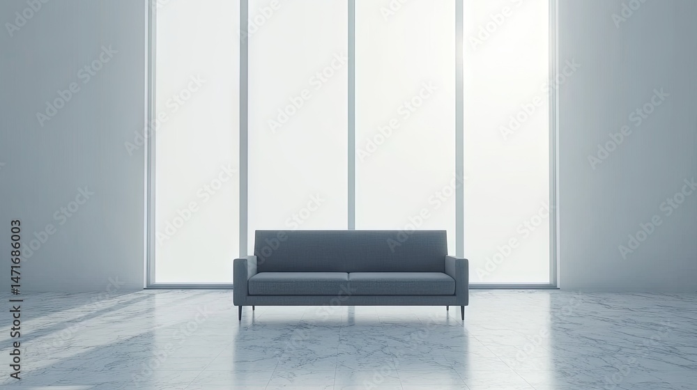 Fototapeta premium Modern, minimalist interior featuring a gray sofa.