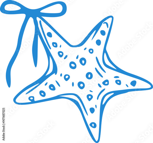 Whimsical coastal starfish with bow hand drawn vector illustrations