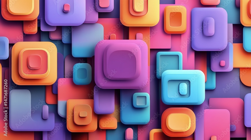 Colorful, layered, square abstract art. Vibrant, 3D geometric shapes create a dynamic composition Colorful, layered, square abstract art. Vibrant, 3D geometric shapes create a dynamic composition