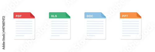 Document file icon set.  File format Doc, Pdf, Xls, Ppt flat icon. File type icons isolated on white background