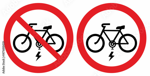 Prohibition sign, no entry with electric bikes, no transportation or storage of electric bikes. Vector icon, set of two symbols.