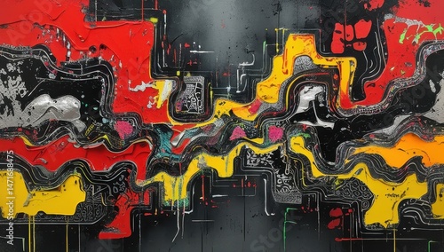 This dynamic composition features striking colors and intricate patterns, combining urban aesthetics with contemporary art. Ideal for enhancing the visual appeal of homes or offices