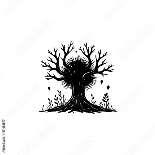 Stylized arboreal silhouette with textured leaves and branches in monochrome