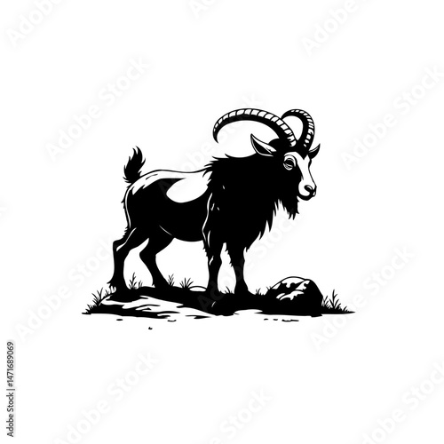 Majestic Mountain Goat Silhouette Standing Tall on Rocky Outcrop with Curved Horns