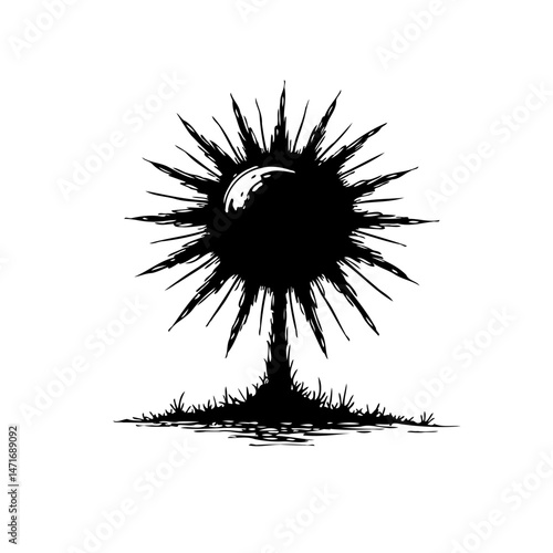 Monochromatic representation of a stylized celestial body above terrestrial terrain