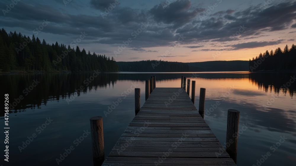 Fototapeta premium quiet dock on northern lake at dusk