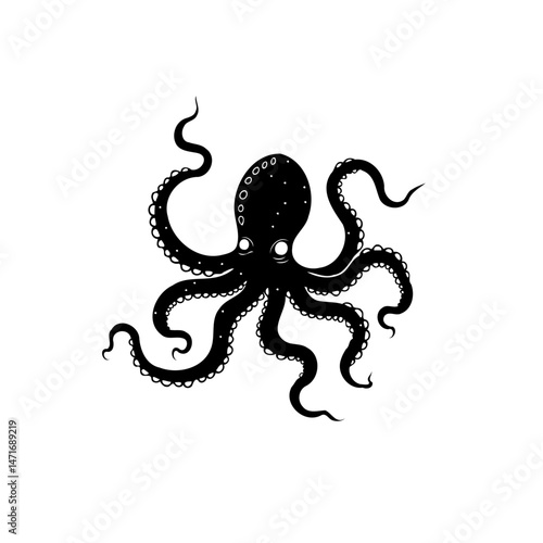 Stylized cephalopod illustration portraying eight arms, marine theme and dark ink