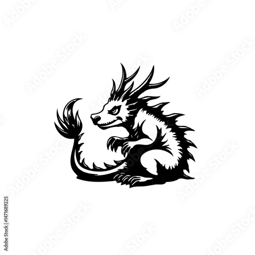 Stylized mythical dragon illustration with spiky scales and curved posture