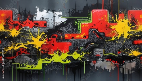 This dynamic composition features striking colors and intricate patterns, combining urban aesthetics with contemporary art. Ideal for enhancing the visual appeal of homes or offices