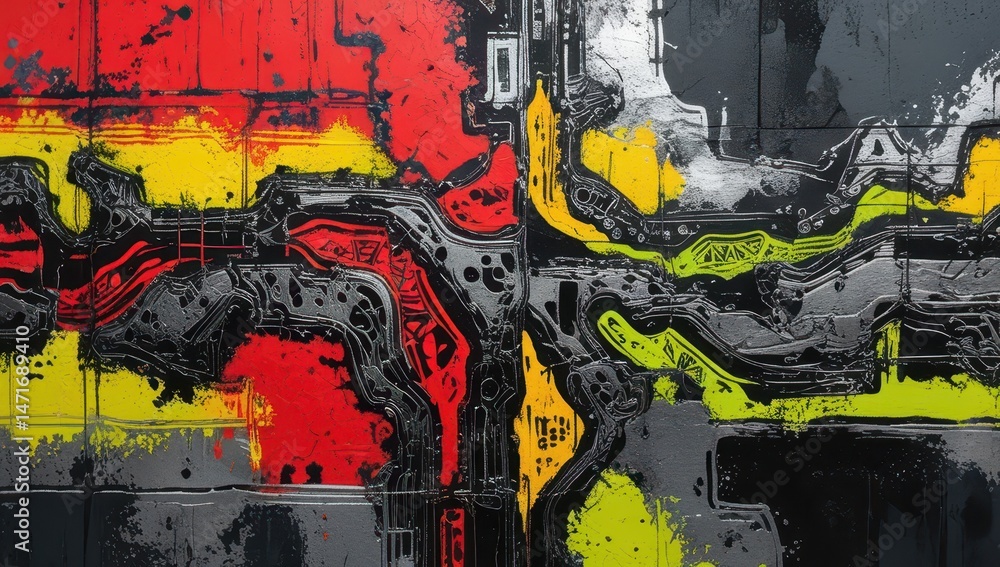 Fototapeta premium This dynamic composition features striking colors and intricate patterns, combining urban aesthetics with contemporary art. Ideal for enhancing the visual appeal of homes or offices