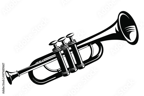 Black and white trumpet instrument displays striking artistic lines and bold shadows on canvas