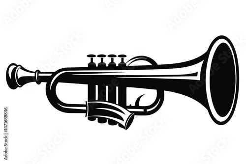 An isolated trumpet stands prominently in bold black and white, showcasing music's elegance