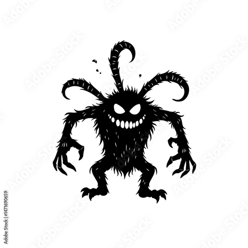 Silhouette of an imposing enigmatic creature with curved appendages and sharp teeth