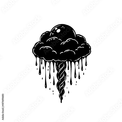 Stylized dark cloud drizzles a twisted stream of liquid in black and white