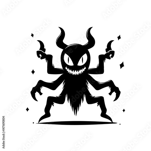 Mystical creature illustration with multiple limbs and menacing features silhouette