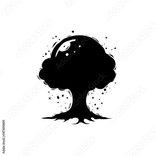 Stylized arboreal form with dark silhouette and textural overlay design element