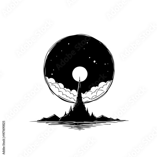 Ethereal Ascent: A minimalist depiction of mountain, sky and celestial bodies