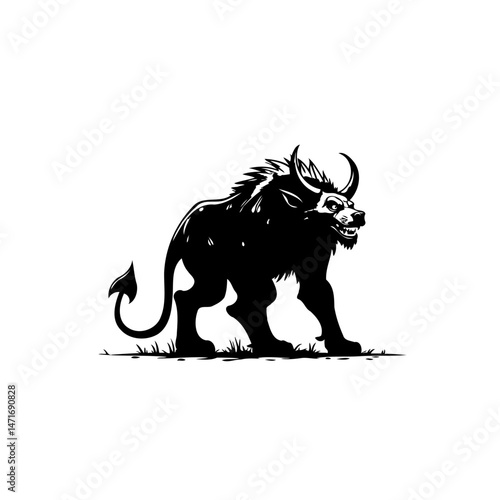 Stylized silhouette of a horned, powerful creature with a tail on white background