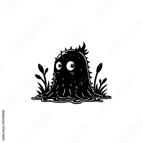 Whimsical Dark Entity in a Minimalist Landscape, Isolated Cartoon Figure