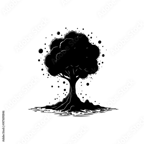 Monochrome arboreal illustration with textured foliage and detailed roots