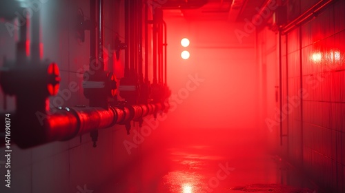Gas leak incident in a valve room, alarms blaring, red warning lights illuminating the haze, Cinematic Scene