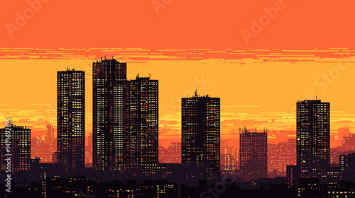 夕焼けの都市の風景、ベクターイラスト