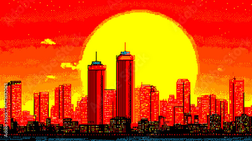 夕焼けの都市の風景、ベクターイラスト