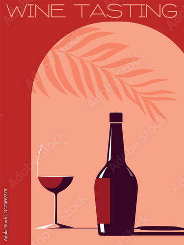 Wine tasting, beach party poster, drinks. Restaurant banner, wine bottle and glass, palm leaf, red wine, chardonnay