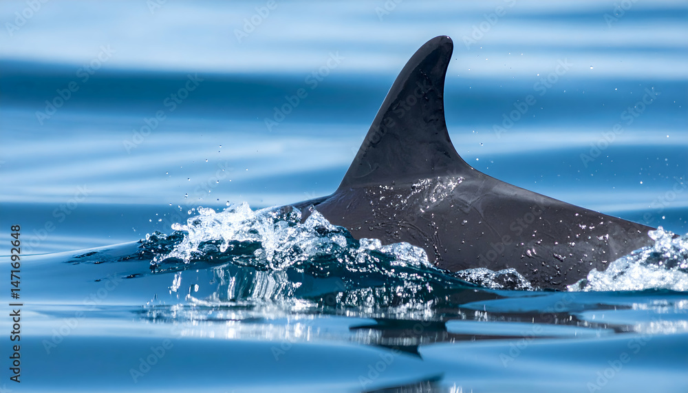 Fototapeta premium Orca Dorsal Fin in Ocean: A majestic orca's dorsal fin pierces the surface of the deep blue ocean, captured in a close-up shot that evokes a sense of awe and the vastness of the marine environment. 