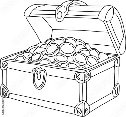 Treasure chest overflowing with doodled coins and gems