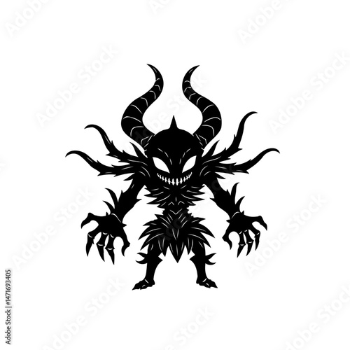 Stylized silhouette of a demonic character with horns and sharp features