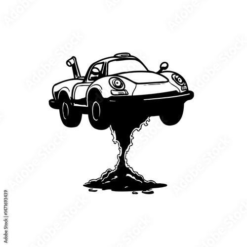 Cartoonish rendering of a vehicle leaping from a burst of shadowed earth