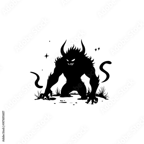 Silhouette of a horned creature emerging from shadowy darkness in minimalist style