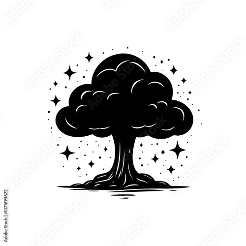 Enigmatic silhouette of a celestial tree amidst a star-scattered nightscape
