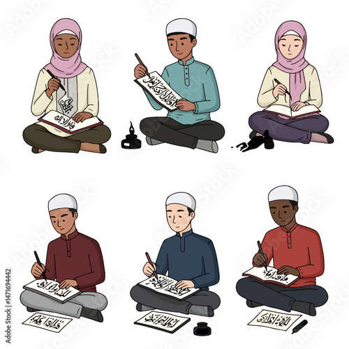 Islamic Students Studying Calligraphy: A group of Islamic students, dressed in modest attire, meticulously study and practice traditional calligraphy in a serene setting.