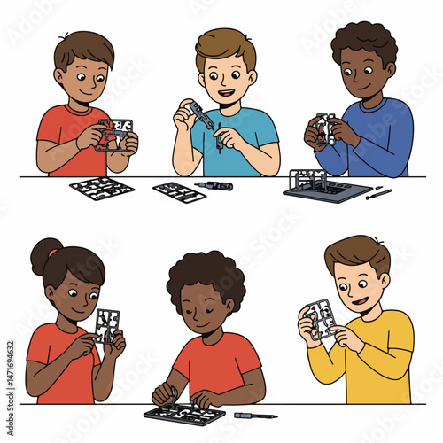 Young Minds at Play: A vibrant illustration captures diverse children engrossed in the hands-on joy of a construction set, their faces alight with focus, crafting, and creativity