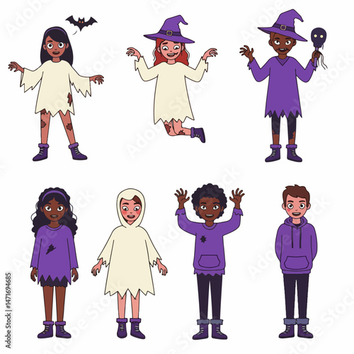 Halloween Celebration: A vibrant illustration of diverse children dressed in their Halloween costumes. Capture the spirit of the holiday with playful energy.
