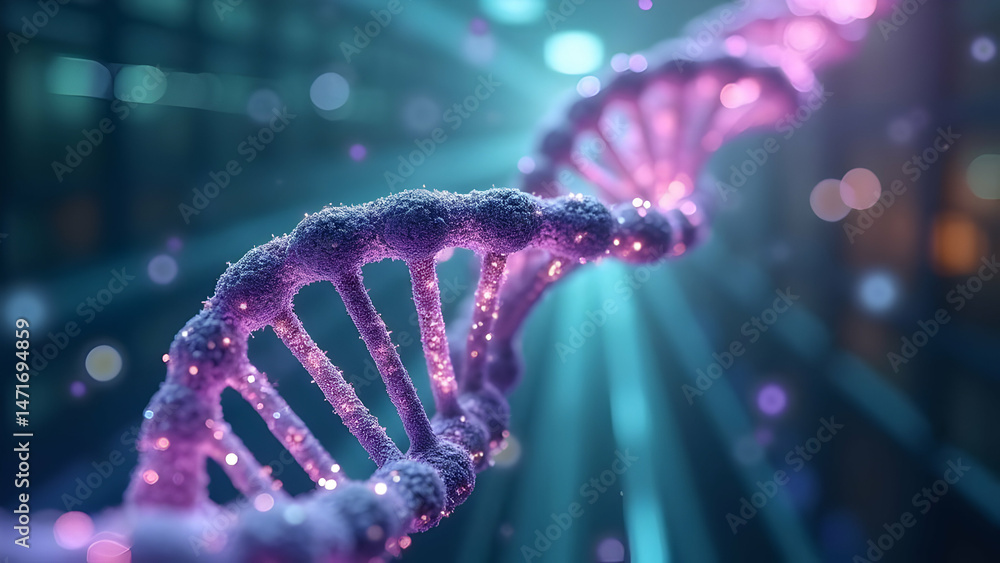 Luminous DNA Strand with Hopeful Purple and Teal Glowing Sections Against Modern Research Facility with Cancer Research Breakthrough Elements Luminous DNA Strand with Hopeful Purple and Teal Glowing Sections Against Modern Research Facility with Cancer Research Breakthrough Elements