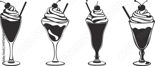 Classic Ice Cream Sundae Glass Silhouette Set with Cherry.