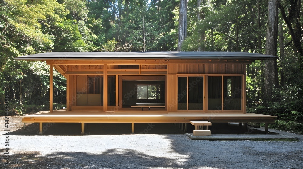 Obraz premium Modern Wooden Cabin in Lush Forest Setting